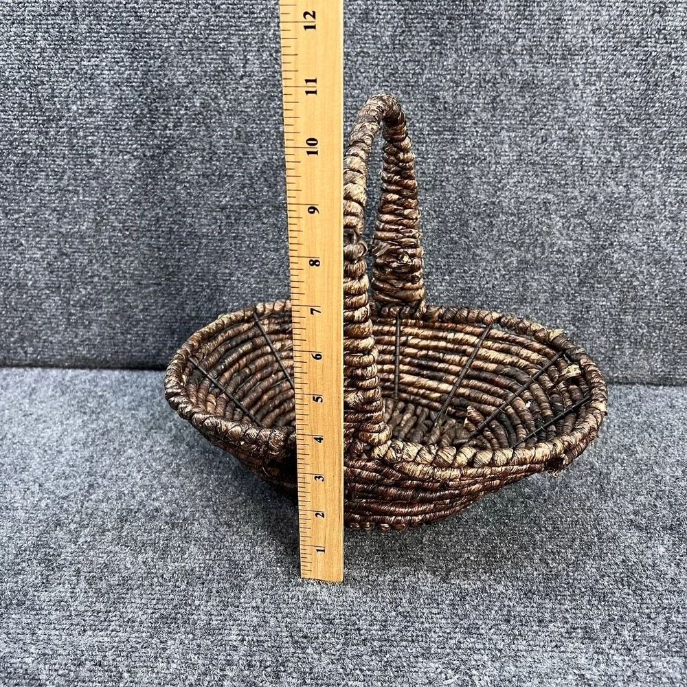 Dark Brown Woven Handled Oval Rustic Open Basket Heavy Cottagecore Boho Decor